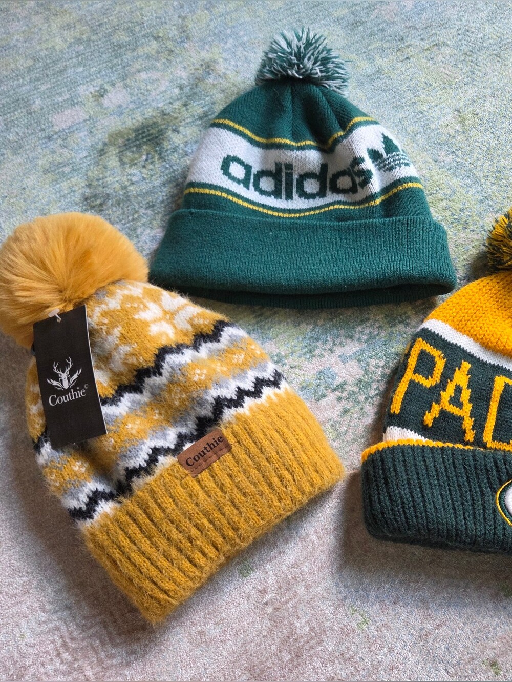 adidas Green Yellow White Cuffed Pom Beanie